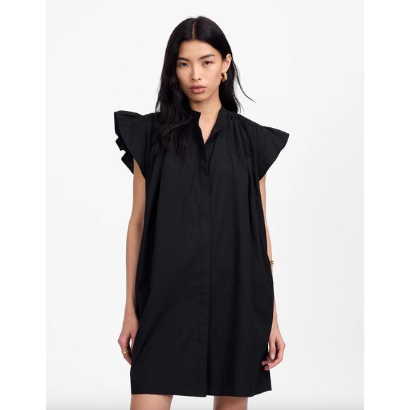 Madewell Flutter Sleeve Button Front Mini Dress Poplin Black Relaxed Medium NWT - Picture 2 of 14